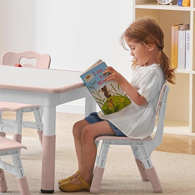 Kids Table and 2 Chairs Set, Height-Adjustable Toddler Table and Chair Set with Graffiti Desktop, 31.5''L x 23.6''W Children Activity Table for Daycare, Classroom, Home