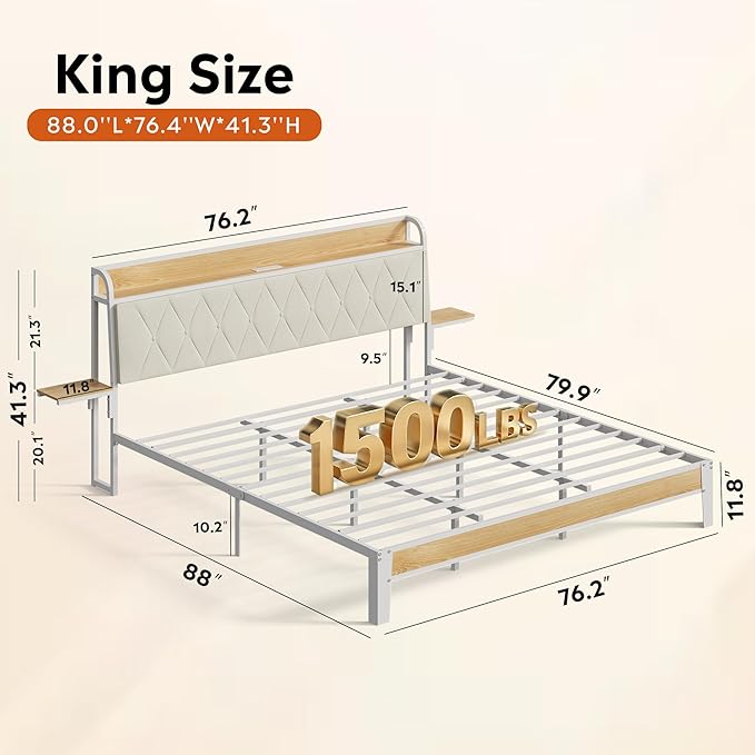 WLIVE King Size Upholstered Bed Frame with 2 Side Shelves, Linen Tufted Storage Headboard with Charging Ports and LED Light, Metal Solid and Stable, No Box Spring Needed, Easy Assembly, Beige