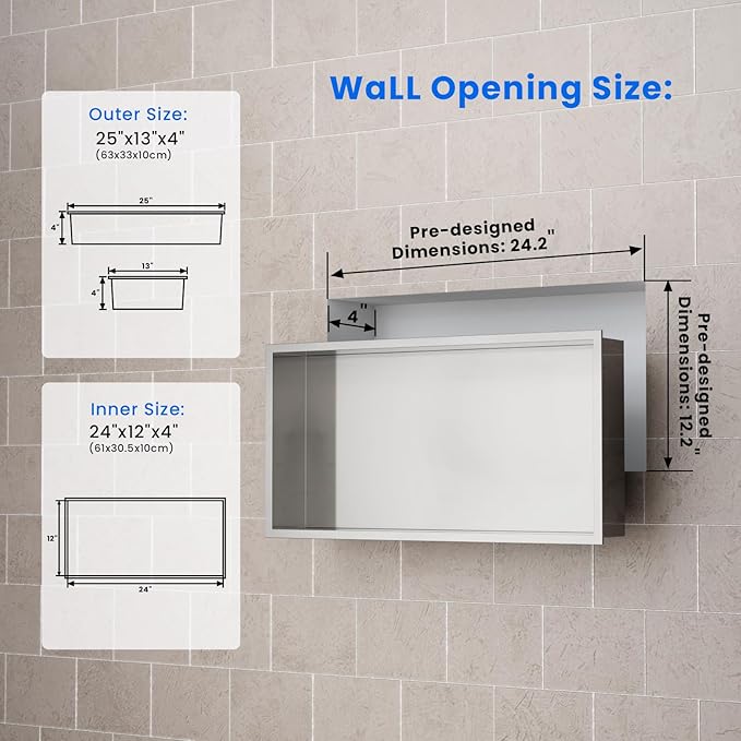 POPFLY 24X12 Inch Shower Niche Shelf, Brushed Nickel Shower Niche Stainless Steel, No Tile Needed Bathroom Storage Shelfs Recessed Wall Niche