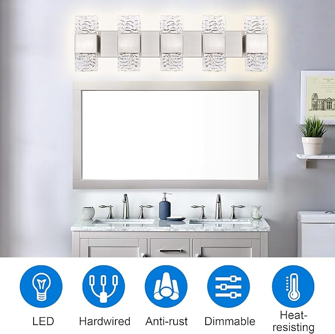 MELUCEE 30.3 in LED Bathroom Lighting Fixtures Dimmable 40W LED Vanity Light Brushed Nickel Modern Bathroom Light Bar Crystal Wall Sconce for Bath Restroom Powder Room, 3000K Warm Lighting