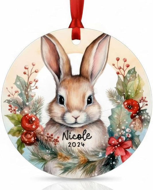 Personalized Bunny Christmas Ornament - Custom Name & Year Woodland Decoration