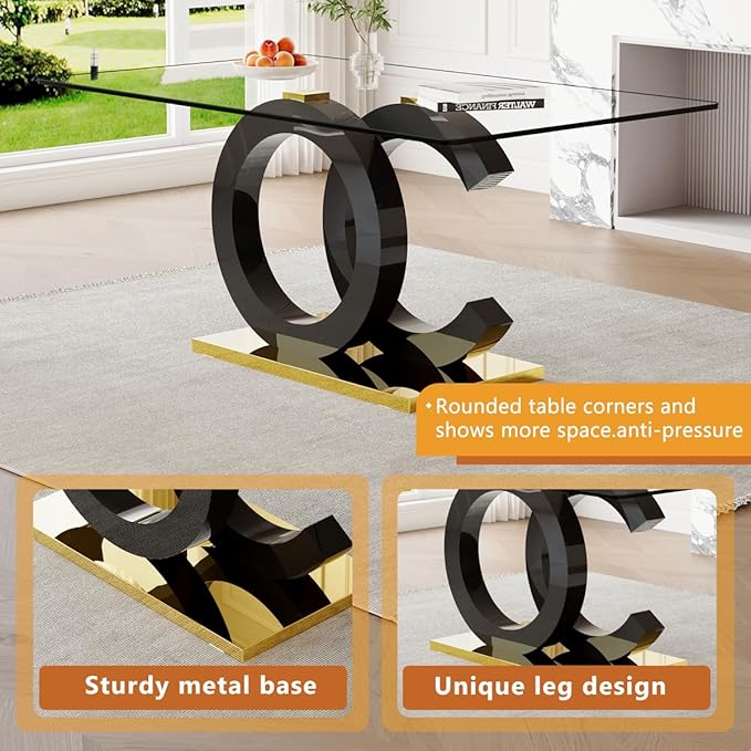 gopop 63'' Glass Dining Table Set for 6, Modern Kitchen & Dining Room Set, Rectangular Table with Clear Glass Top, Black Legs, Gold Metal Base, 6 PU Leather Chairs, Easy Assembly