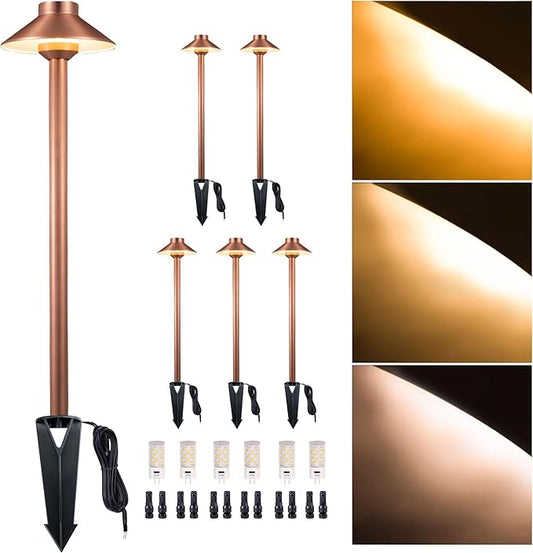 Low Voltage Landscape Lighting Brass, 2700K/3000K/4000K Adjustable 12v Pathway Lights Waterproof, Copper Path Light for Exterior Area Patio House with 3W 270LM G4 Bulb (6 Pack)