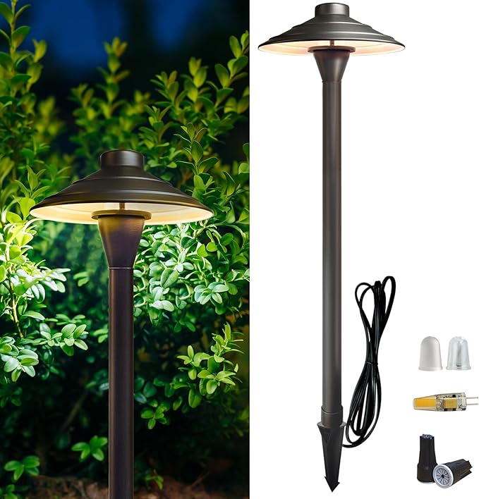Solid Cast Brass Pathway Lights, 12V Low Voltage Landscape Lighting LED Path Lights with G4 Bulb for Outdoor Walkway, Garden, 23" Tall, 7.5" Shade