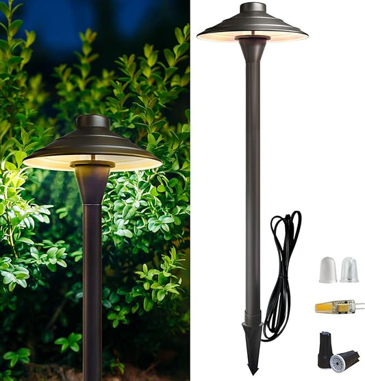 Solid Cast Brass Pathway Lights, 12V Low Voltage Landscape Lighting LED Path Lights with G4 Bulb for Outdoor Walkway, Garden, 23" Tall, 7.5" Shade