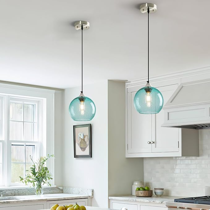 Light Blue Glass Pendant Lights Kitchen Island Lighting Globe Pendant Light Fixtures Modern Pendant Lighting for Bedroom Living Dining Room Light Fixture (7.87 in, 2 Pack)
