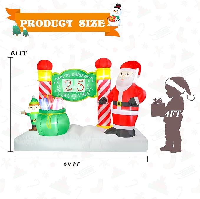 Bshine Christmas Inflatable Outdoor Decorations, 6.9FT Blow Up Santa Countdown Calendar with Interchangeable Dates,New Year's Light Up Holiday Party Decor for Lawn Yard Inflatable Sculptures