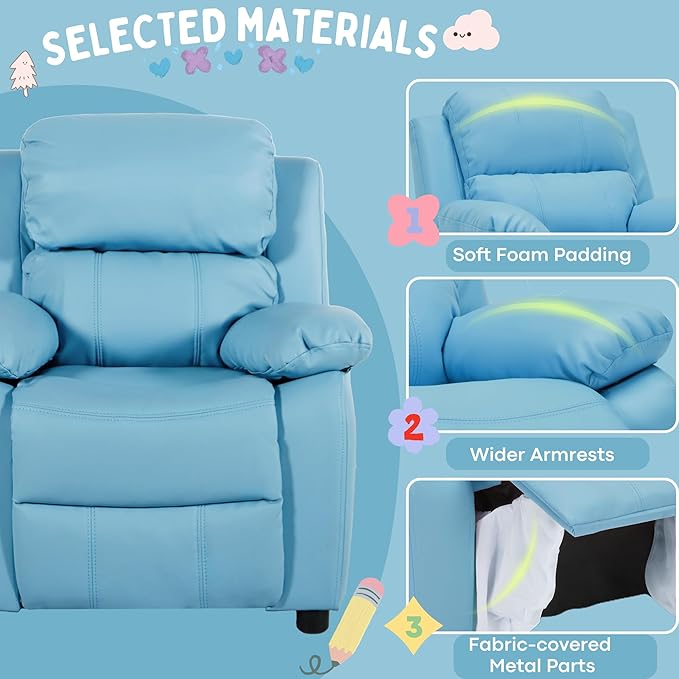 JC Home Macaron Kids Reclining Chair Leather Recliner Sofa Push Back Toddler Youth Children Child Ages 2-8