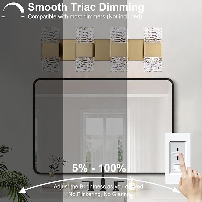 MELUCEE 4 Lights Bathroom Vanity Light Fixtures Modern LED Vanity Lighting Fixture Brass Crystal Vanity Light Bar 32W LED Wall Mounted Lamp Above Mirror Sink Dressing Table, 3000K Warm Lighting