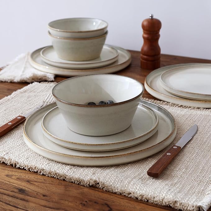 Famiware Annecy Dinner Plates and Bowls Sets, Stoneware Dinnerware Sets, Dishes Set for 6, 18 Pieces Handmade Dishware Set - Microwave & Dishwasher Safe, Double Reactive Glaze Tableware, Grey-White