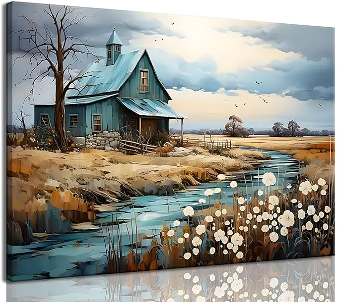 CYULWNNO Farmhouse Wall Art Barn Farm Landscape Painting Pictures Decor Blue Farm Nature Wildflower Rustic Scenery Canvas Prints Artwork Frame Living Room Bedroom Bathroom Wall Decor 12"x16"