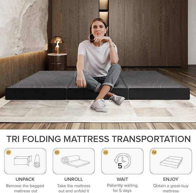 Vamcheer Tri Folding Mattress, 5 inch Twin Foldable Mattress, Tri-fold Memory Foam Mat with a Collapsible and Washable Cover, Handle & Non-Slip Bottom for Travel/Guest, 75"x38"x5", Grey