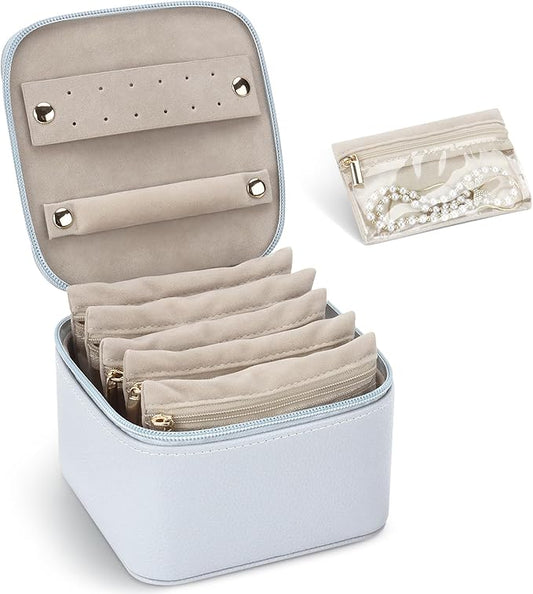 DesignSter Small Jewelry Box, Travel Small Jewelry Organizer with Earring Tray and Ring Holder, Square Travel Jewelry Storage Case with 6 Velvet Jewelry Pouches, Blue Gray