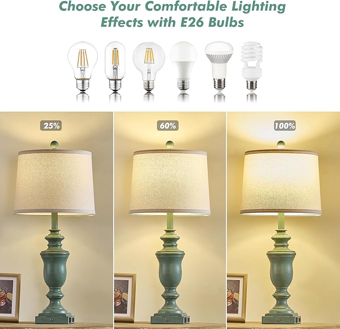 27.5" Set of 2 Farmhouse Table Lamps for Bedroom, 3 Way Dimmable Bedside Lamp with 2 USB +AC Outlet Nightstand Lamps for Living Room Resin Rustic Touch Lamps (Antique Green)