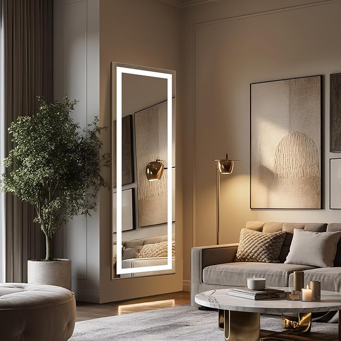 66x22 Frameless Full Length Mirror, Dimmable 3 Color LED Light w/Memory Function, Distortion Free, HD Reflection & Anti Desilvering, Tempered Glass & Shatter Proof Film Doubling Safety