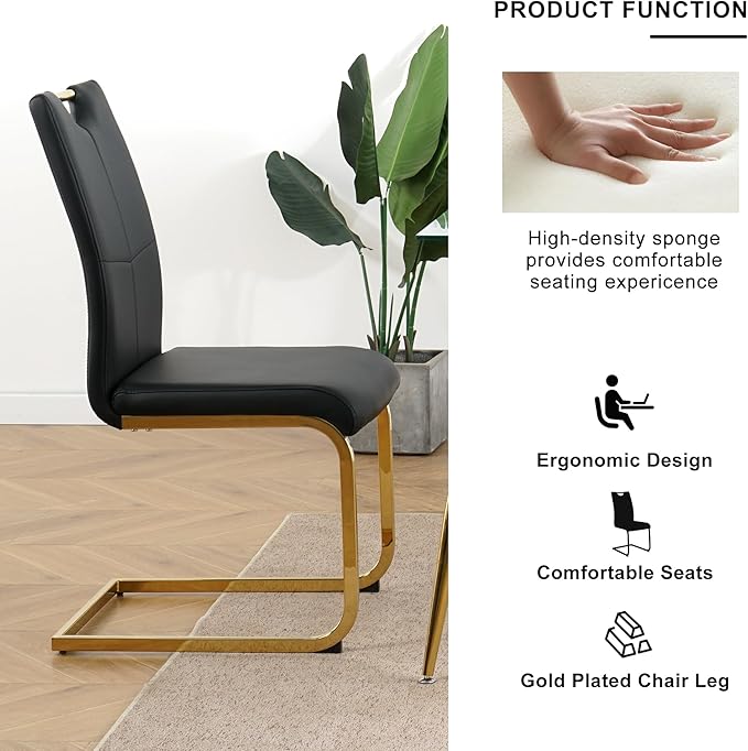 Goujxcy Round Dining Table Set for 6, Modern Glass Kitchen Table and Chairs Set of 6, 7 Piece Dining Room Table Set with 47" Circle Gold Metal Glass Dinner Tables and 6 Black Leather Dining Chairs