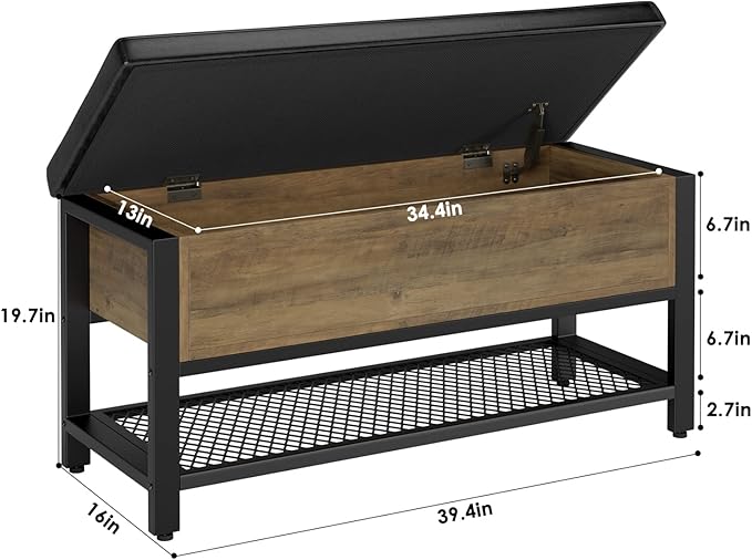 HOSTACK Storage Bench, Entryway Shoe Bench with Flip-Open Storage Box, End of Bed Ottoman Bench with Storage Shelf and Padded Seat for Bedroom, Hallway, Rustic Brown