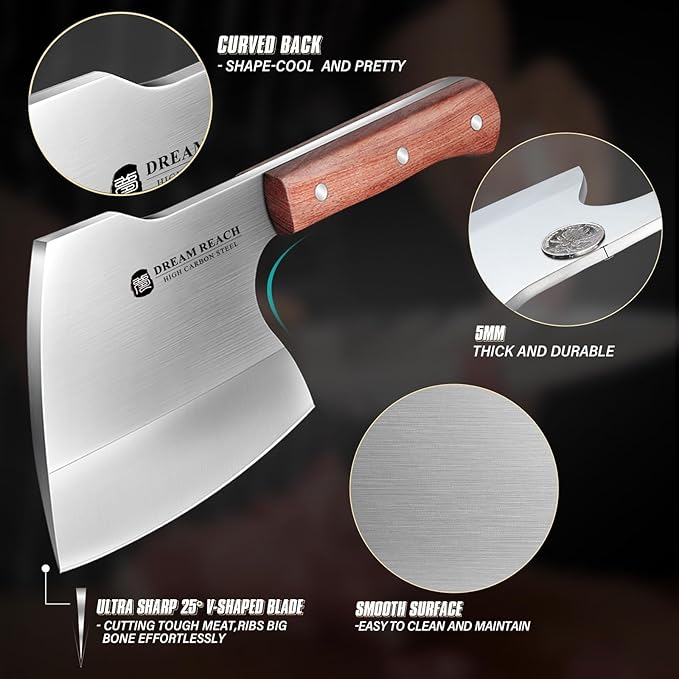 Dream Reach Meat Cleaver Knife Heavy Duty Bone Chopper Stainless Steel Butcher Axe Hand Forged Butcher Knife Meat Bone Cleaver for Kitchen Outdoor BBQ
