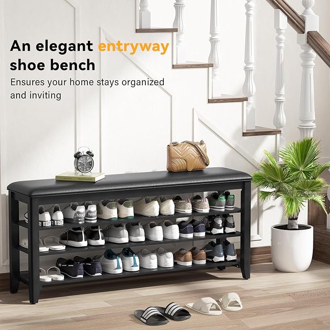 Shoe Bench Storage Rubberwood with Leather Cushion for Entryway Bench Ideal for Hallways Shoe Rack Front Doors Entrances Mudrooms Featuring 3 Height-Adjustable and Removable Shelves