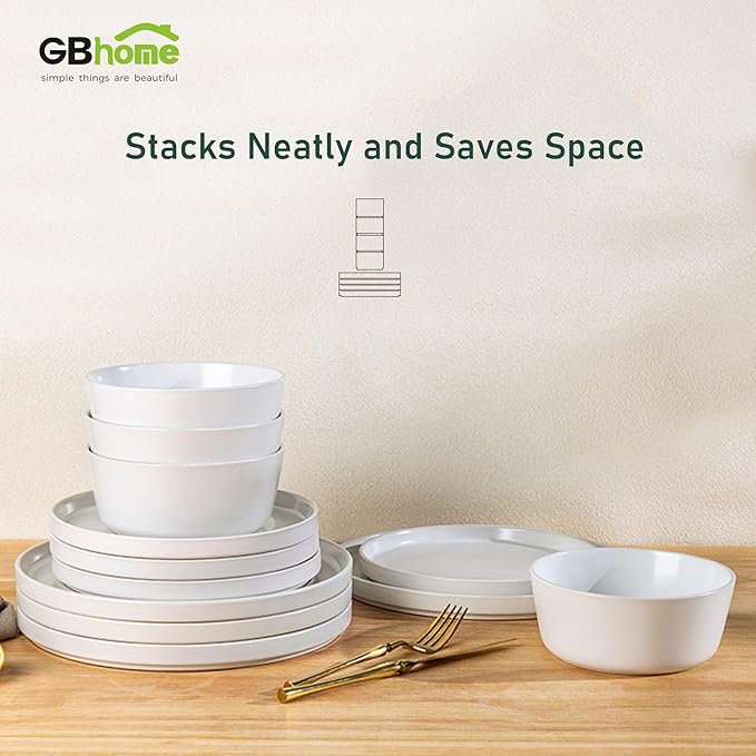 AmorArc Ceramic Dinnerware Sets for 4,Stoneware Plates and Bowls Sets,Chip and Crack Resistant | Dishwasher & Microwave Safe Ceramic Dishes,Service for 4 (12pc)-White