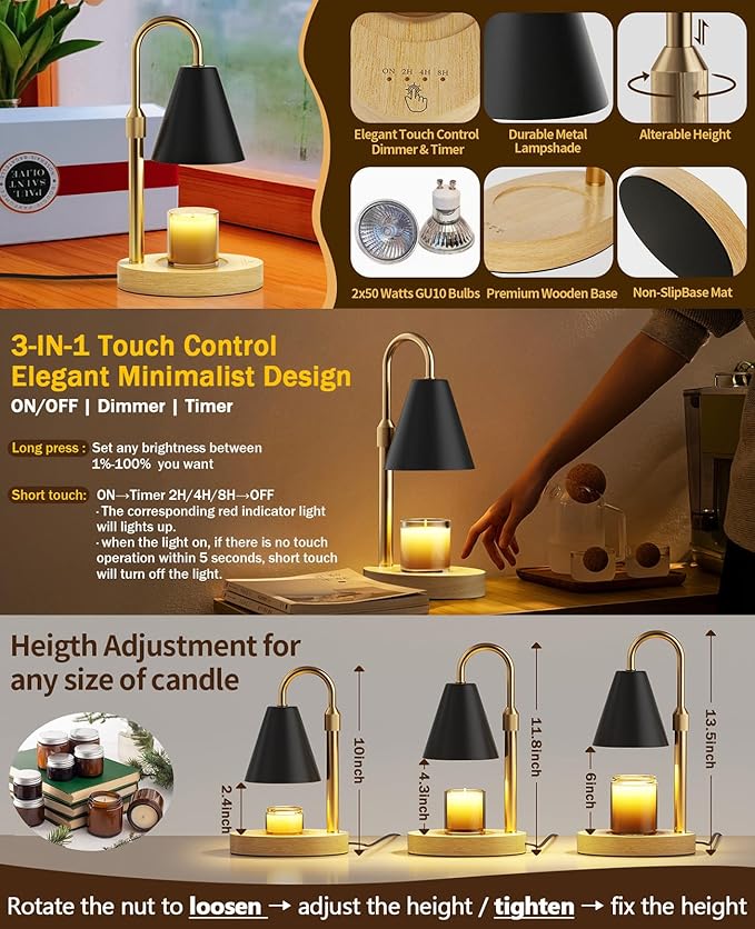 Candle Warmer Lamp with Timer -Touch Dimmable & Adjustable Candle Lamps Warmer for Jar Candles, House Warming Gifts New Home Women Men Room Decor Wax Melts Lamp with 2 Bulbs, Black