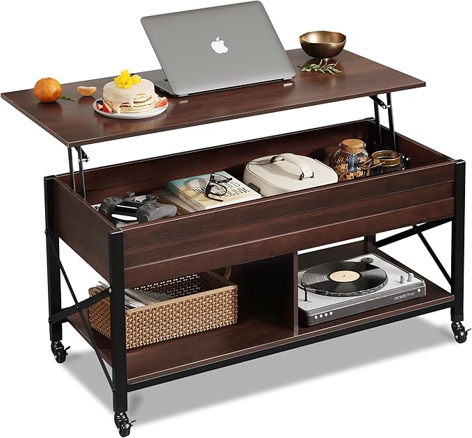 WLIVE Coffee Table, 41.3" Lift Top Coffee Table with 4 Wheels, Hidden Compartment, Storage Shelf and Lift Tabletop for Living Room, Reception Room, Espresso