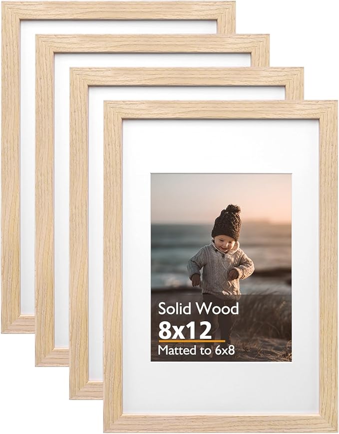 KINLINK 8x12 Picture Frame Natural, Solid Wood Frames with Acrylic Plexiglass for Pictures 6x8 with Mat or 8x12 without Mat, Tabletop and Wall Display Photo Frame, Set of 4