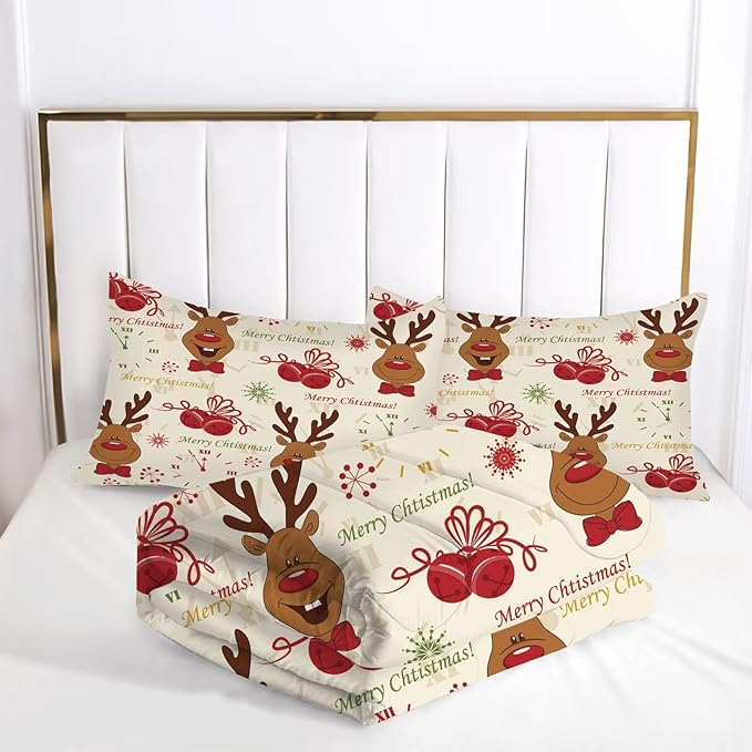 Christmas Comforter Set King Size for Boys Girls, Cartoon Merry Christmas Reindeer Print Bedding Set, Christmas Decorations Cute Beige Xmas Bed Set with 1 Comforter and 2 Pillowcases