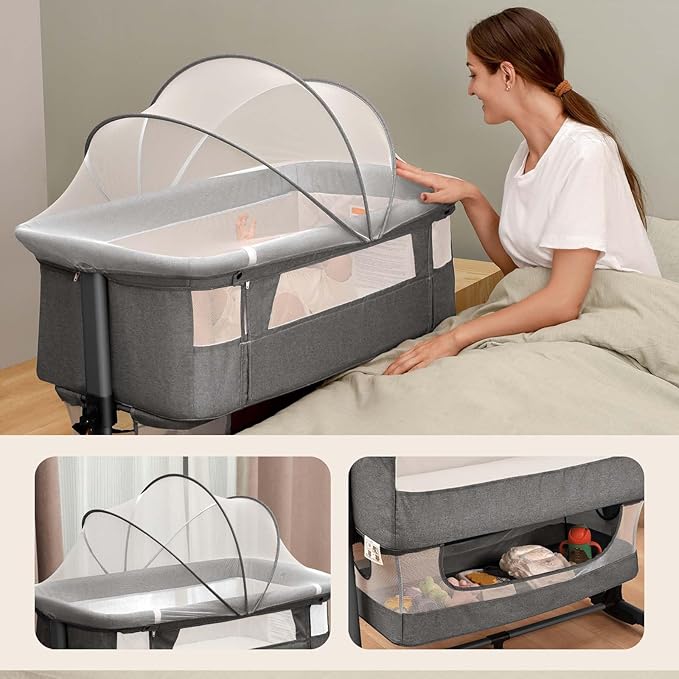 3 in 1 Baby Crib,Bassinet Bedside Crib Adjustable Portable Bed for Infant,Baby Newborn Must Have Bed,Grey
