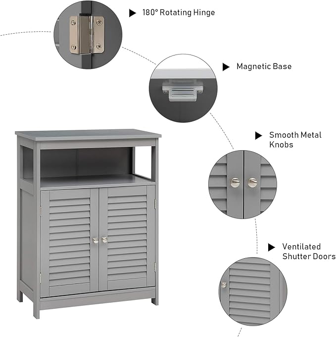 Tangkula Bathroom Floor Cabinet, Wooden Freestanding Storage Cabinet with Double Shutter Door & Adjustable Shelf, Storage Cabinet for Bathroom Living Room (Grey)