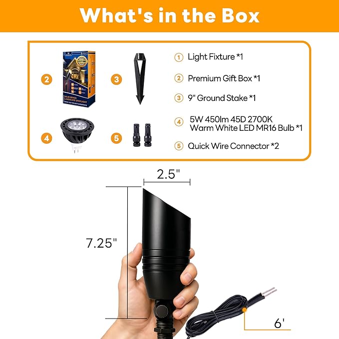 Low Voltage Spot Lights - Black Solid Brass Landscape Spotlight Wired, 12V Outdoor LED Bullet Uplights, Waterproof Electric for Patio Wall with 2700K Warm White MR16 Bulb (6 Pack)