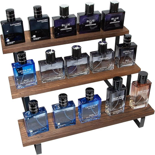 Wooden Cologne Organizer Stand Display Riser Stand Tiered Perfume 3 Tier Organizer Rustic Display Shelf for Cupcake Candle Fragrance Crystal Stone Succulent plant Small ornament
