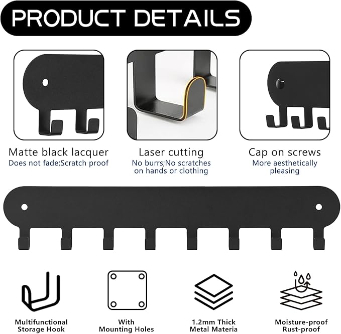 2 Pack Key Holder for Wall,Key Hooks with 8 Hooks,Key Rack for Wall No Drill for Living Room, Kitchen, Bathroom, Garage (Black)