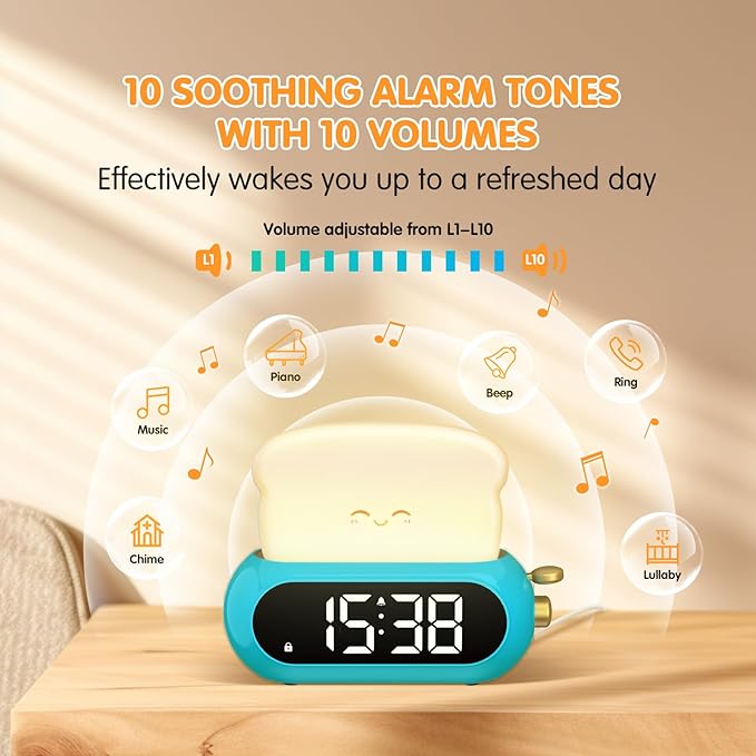 Kids Alarm Clocks for Bedroom, Cute Digital Clock with Night Light, 10 Ringtones, 10 Volumes, Nap Timer, Brightness Dimmer, Snooze, Bedside Alarm Clocks for Boys Teens Birthday Gift, Plug-in Use