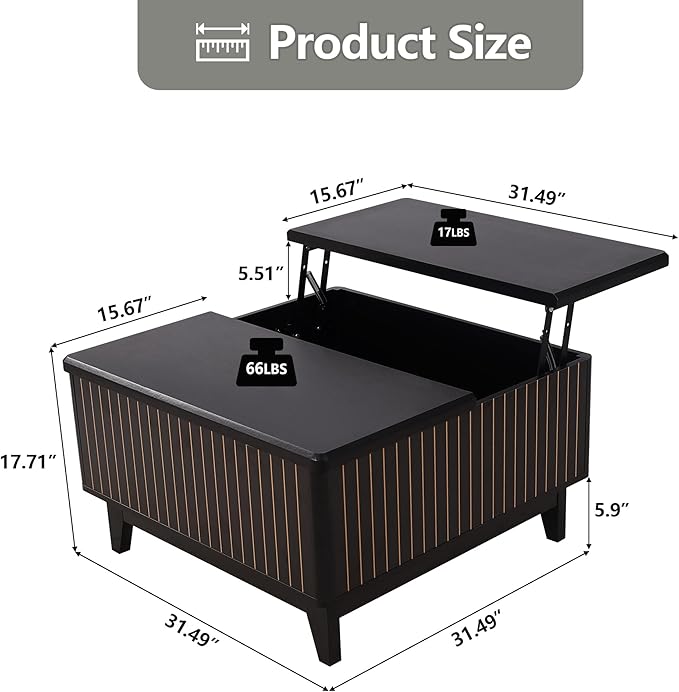 Lift Top Coffee Table, Square Coffee Table with Hidden Storage Compartment, Farmhouse Wood Center Table Dining Table for Living Room, Bedroom, Home Office (Black)