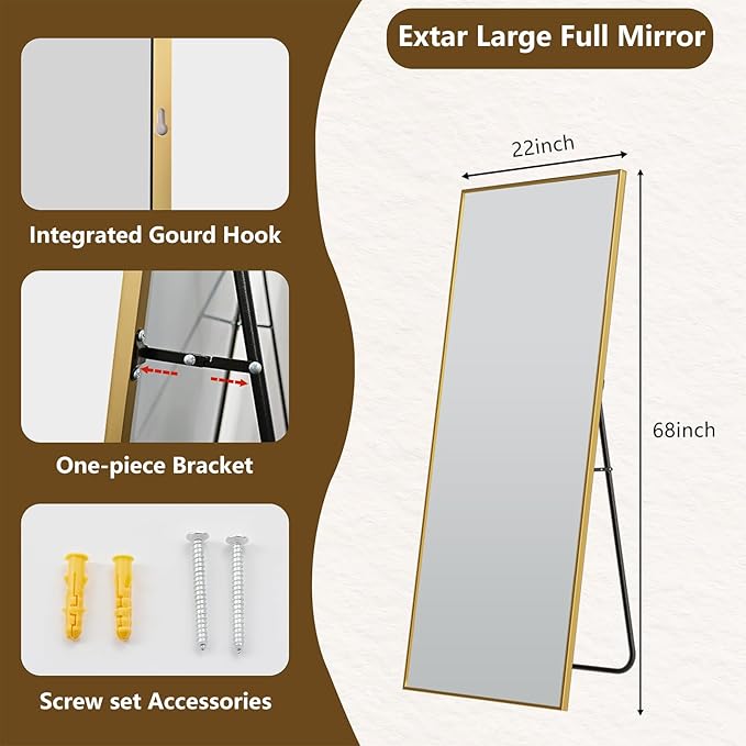 Koonmi 68"x22" Floor Mirror Full Length, Bedroom Floor Body Mirror with Stand, Large Gold Mirror, Leaning, Standing or Hanging Horizontally/Vertically