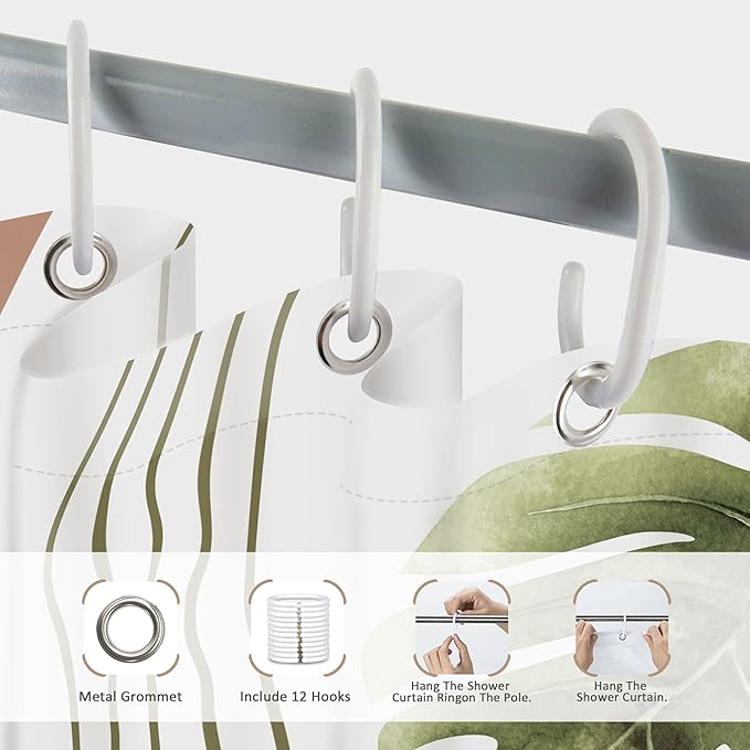 Glawry Abstract Tropical Shower Curtain Extra Long Chic Boho Plant Palm Leaf Watercolor Pink Green Simple Minimalist Bathroom Modern 72Wx84L Inches Bath Accessories Art Home Decor Fabric 12 Pack Hooks