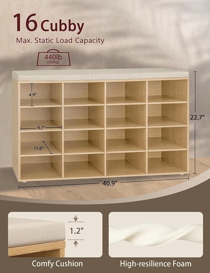 DINZI LVJ Shoe Storage Bench with Cushion, 16-Cubby Shoe Rack, Adjustable Shelves, 40.9" Long Shoe Organizer Bench for Entryway, Mudroom, Hallway, Garage, Natural and Cappuccino Beige