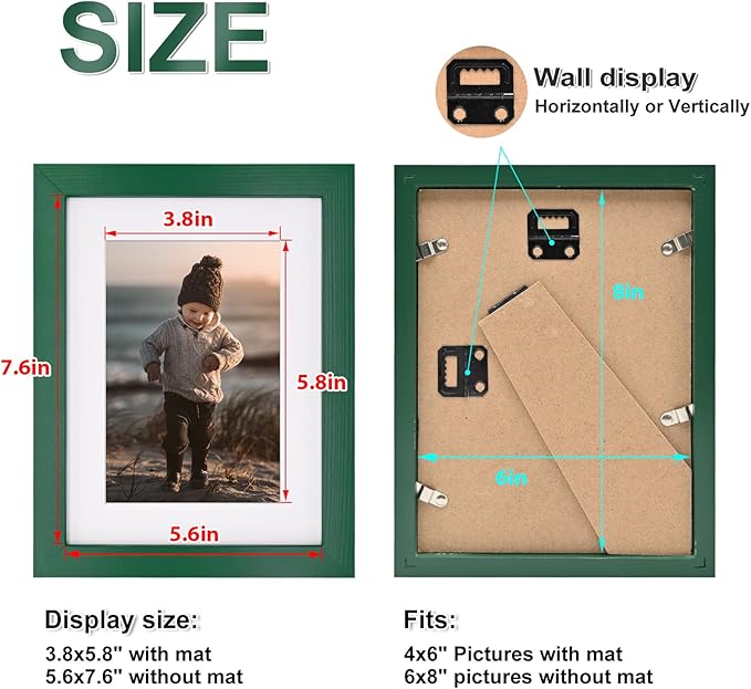 KINLINK 6x8 Picture Frame Green, Solid Wood Frames with Acrylic Plexiglass for Pictures 4x6 with Mat or 6x8 without Mat, Tabletop and Wall Display Photo Frame, Set of 4