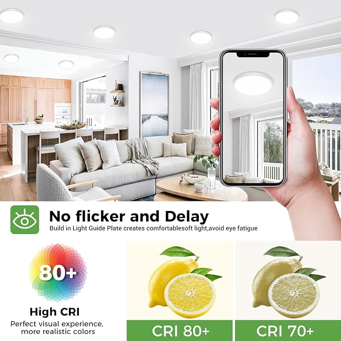 zemty 4Pack Ceiling Light Fixture Flush Mount, 6.5 Inch 12W 1200lm LED Light Fixtures, Adjustable 3000K 4000K 6500K, Modern Recessed Ceiling Lamp for Bathroom Closet Hallway Kitchen