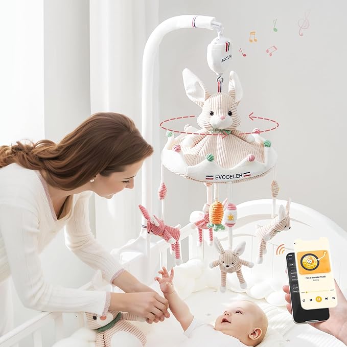 Evoceler Crib Mobile, Baby Mobile with 3 Modes Rotating Music Box, 35 Lullabies, Bluetooth, 128MB TF Card & Detachable Teether Bunnies, Quiet Rotating Motor, Sturdy 3-Point Installation, Nursery Decor