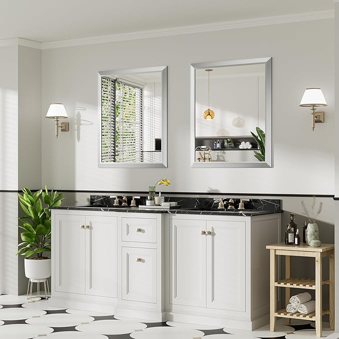 36x30 Inch Silver Bathroom Mirror for Wall, Thick Metal Framed Rectangle Mirrors for Over Sink, Bedroom, Living Room, Entryway, Anti-Rust, HD Tempered Glass