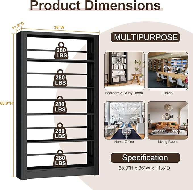 69" Bookshelf,5-Tier Bookshelf, Large Bookcases and Bookshelves,Taller and Wider Metal Storage Organizer, Sturdy Bookshelf for Living Room,Home Library (Black)