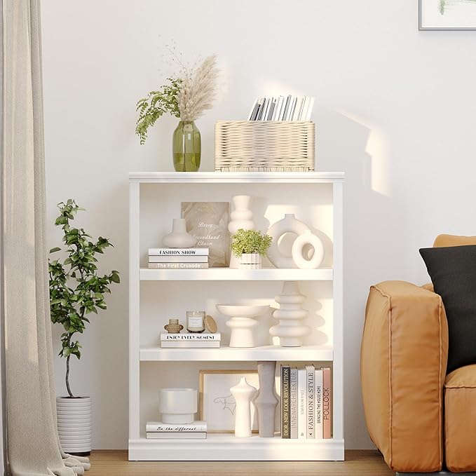 blini 3-Shelf Bookcase White Wooden Bookshelves 33in Wide Floor Standing Display Storage Book Shelves Tall Bookcase for Home Office, Living Room, Bedroom
