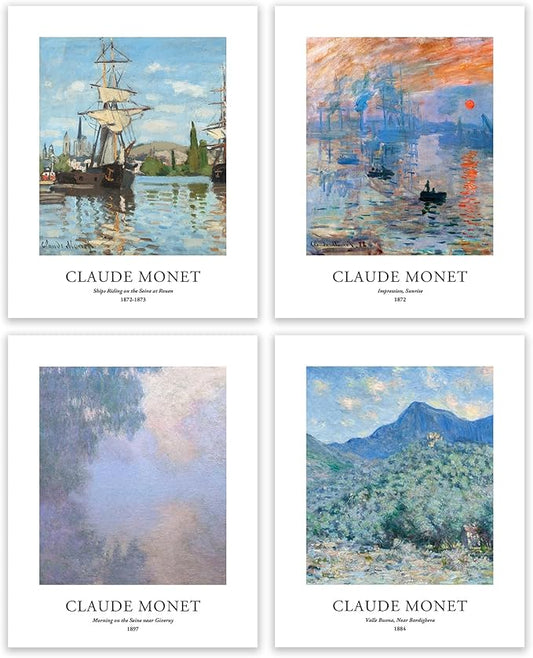 EVOLE HOME Claude Monet Art Prints, Set of 4 Wall Art, Unframed 8x10 Art Prints, Giclée Prints, Impressionism Art Poster for Home Decor, Office Wall Decor, Gift for Men, Women