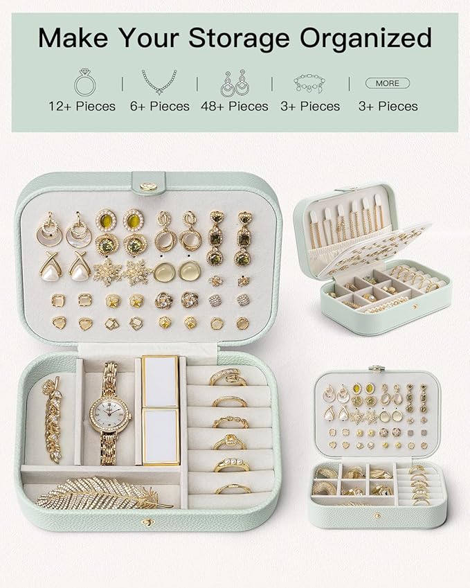 Vlando Travel Jewelry Case for Women Girls Mothers, PU Leather Portable Small Jewelry Box for Rings, Necklaces, Bracelets, Earring Holder Organizer Storage for Travel, Bridesmaid Gifts - Mint Green