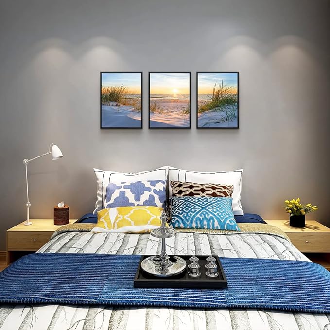 Black Framed Beach Wall Art Set - Blue Seascape Paintings for Living Room, Bedroom & Office - 12"X16" Each