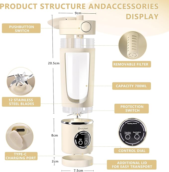 EasySpeed Personal Portable Blender,USB Type-C Rechargeable,700ml Juicer Cup,12 Stainless Steel Blades,4 Gear Modes,1500mAh Battery Capacity,Perfect for Fresh Juice at Home (Beige)
