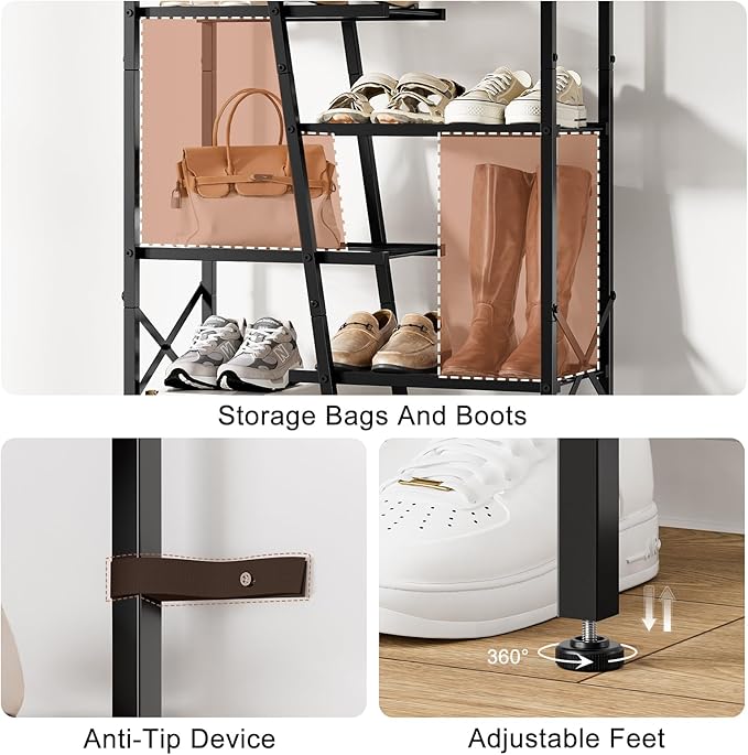 Shoe Rack, 8 Tier Boot Rack, Wooden Storage Organizer for Tall Boots, Large Capacity Metal Shoe Shelf Holds 12-15 Pairs of Shoes, Durable and Stable, for Entryway, Closet, Rustic Brown