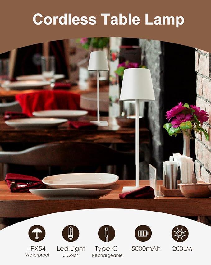 Cordless Table Lamp, Rechargeable Table Lamp with Touch Dimmable Control, Portable LED Desk Lamp for Indoor Patio (White-Rectangle, 1)